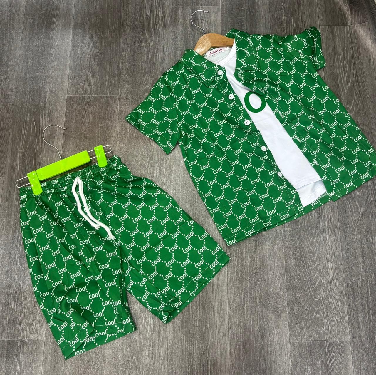 Boys Casual Green Matching Set – COOL Print Shirt & Drawstring Shorts - Image 2